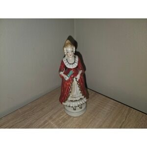 Vintage Occupied Japan Porcelain Colonial Lady Figurine Red Dress Gold Trim